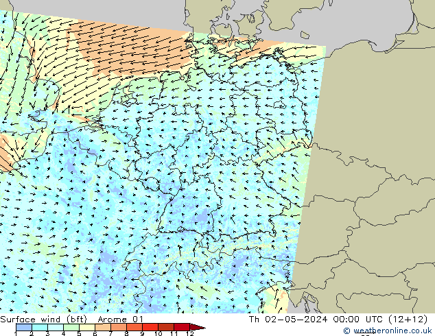 Vento 10 m (bft) Arome 01 Qui 02.05.2024 00 UTC