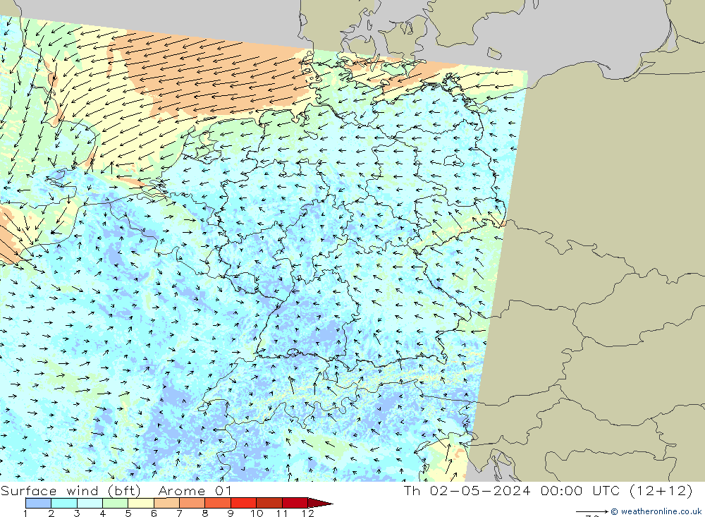 Surface wind (bft) Arome 01 Th 02.05.2024 00 UTC