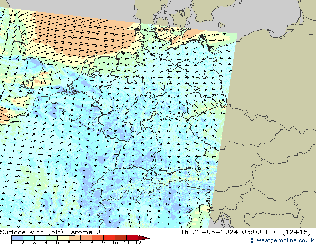 Rüzgar 10 m (bft) Arome 01 Per 02.05.2024 03 UTC