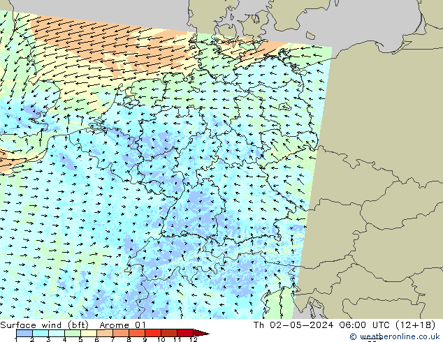 Viento 10 m (bft) Arome 01 jue 02.05.2024 06 UTC