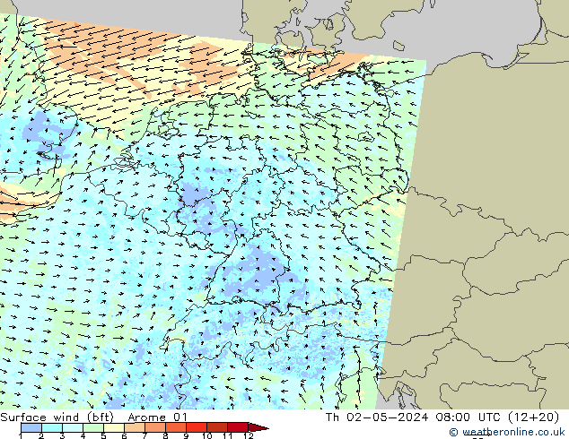 Bodenwind (bft) Arome 01 Do 02.05.2024 08 UTC