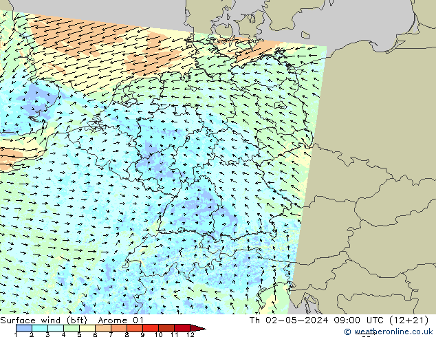 wiatr 10 m (bft) Arome 01 czw. 02.05.2024 09 UTC