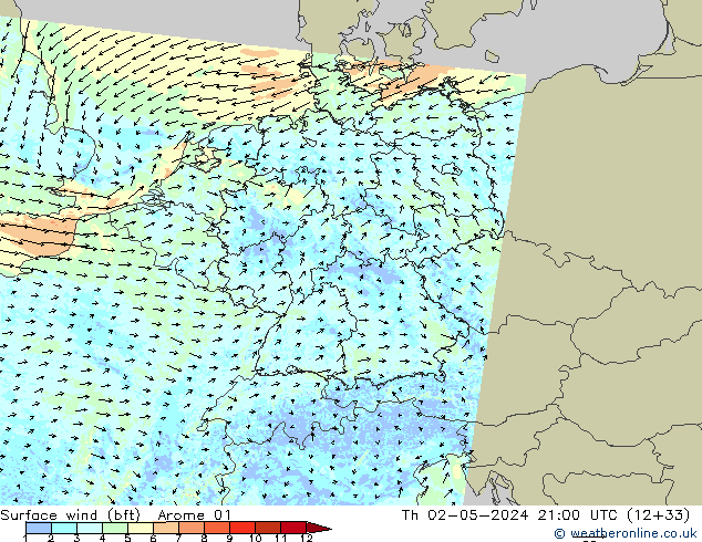 Surface wind (bft) Arome 01 Th 02.05.2024 21 UTC