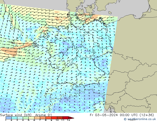 Wind 10 m (bft) Arome 01 vr 03.05.2024 00 UTC