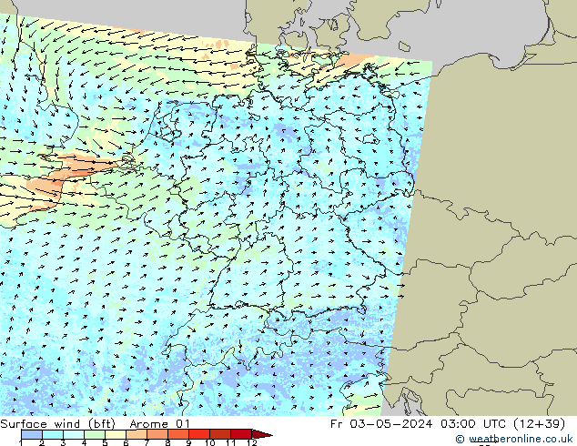 Surface wind (bft) Arome 01 Pá 03.05.2024 03 UTC