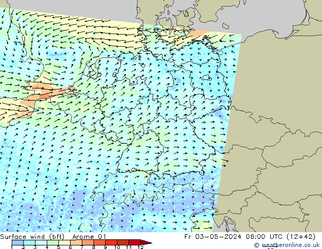 wiatr 10 m (bft) Arome 01 pt. 03.05.2024 06 UTC