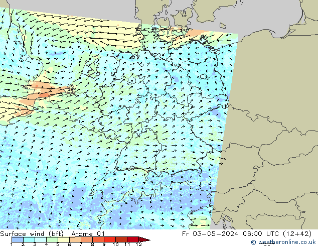 Surface wind (bft) Arome 01 Pá 03.05.2024 06 UTC