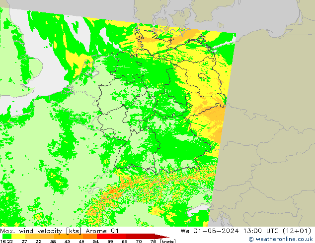 Max. wind snelheid Arome 01 wo 01.05.2024 13 UTC