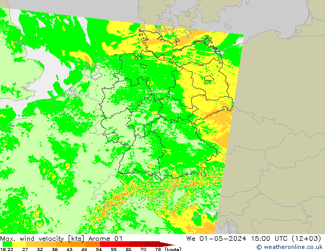 Max. wind velocity Arome 01 mer 01.05.2024 15 UTC