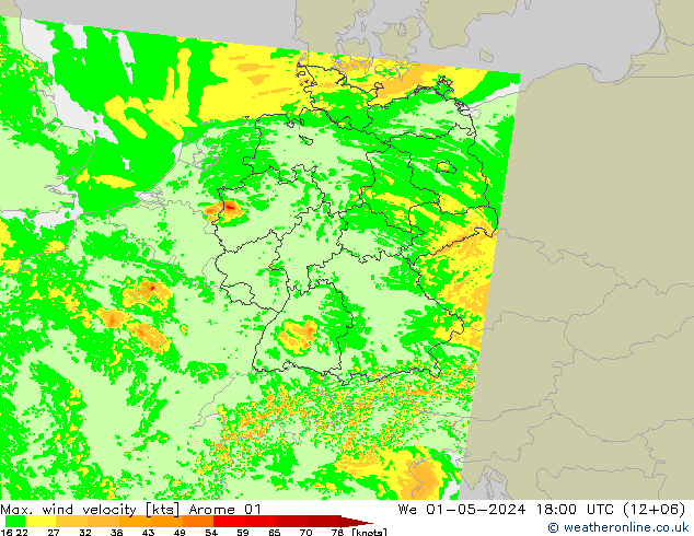 Max. wind velocity Arome 01 mer 01.05.2024 18 UTC