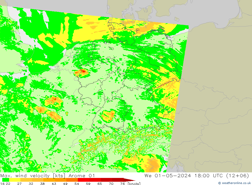 Max. wind velocity Arome 01 mer 01.05.2024 18 UTC