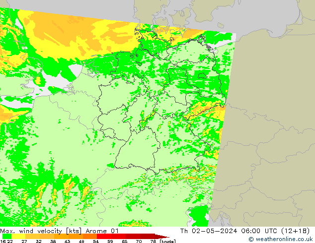 Max. wind velocity Arome 01  02.05.2024 06 UTC