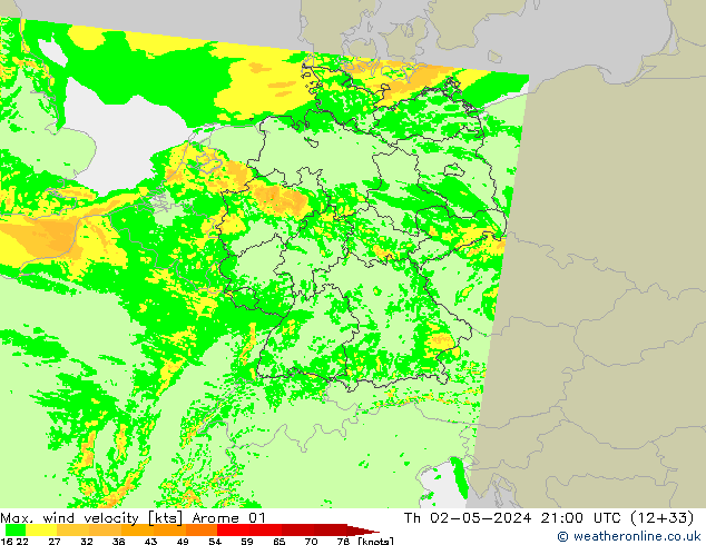 Max. wind velocity Arome 01 Th 02.05.2024 21 UTC