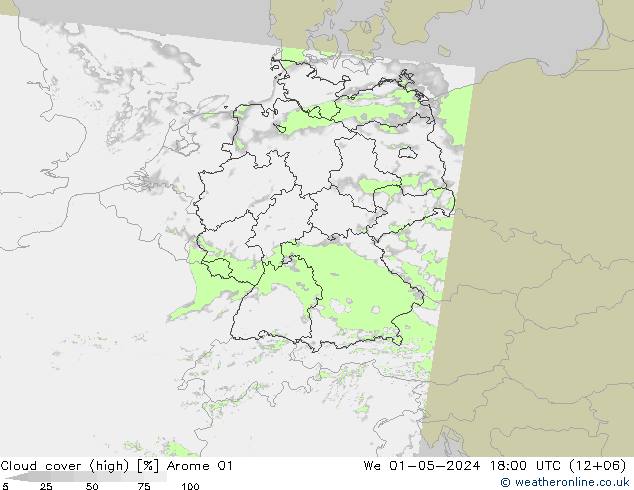 Cloud cover (high) Arome 01 We 01.05.2024 18 UTC