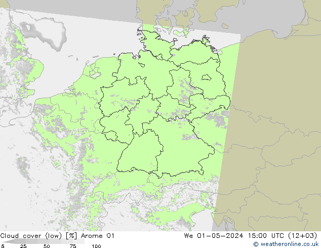 Cloud cover (low) Arome 01 We 01.05.2024 15 UTC