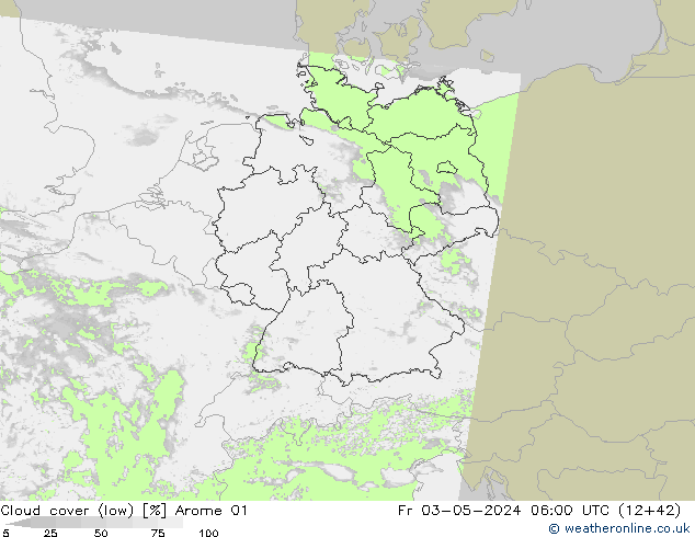 Cloud cover (low) Arome 01 Fr 03.05.2024 06 UTC