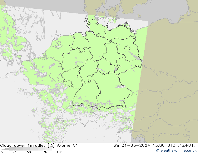 Cloud cover (middle) Arome 01 We 01.05.2024 13 UTC