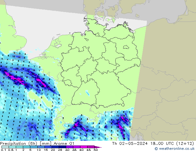 Totale neerslag (6h) Arome 01 do 02.05.2024 00 UTC