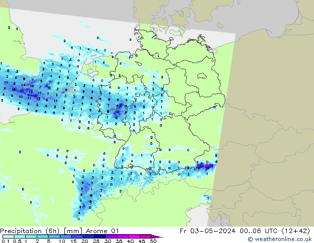 Precipitação (6h) Arome 01 Sex 03.05.2024 06 UTC