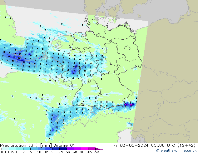 Précipitation (6h) Arome 01 ven 03.05.2024 06 UTC