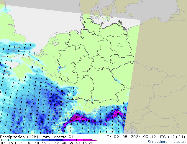 Precipitation (12h) Arome 01 Čt 02.05.2024 12 UTC