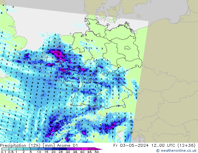 Précipitation (12h) Arome 01 ven 03.05.2024 00 UTC