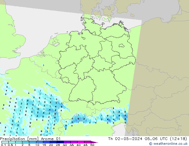 Srážky Arome 01 Čt 02.05.2024 06 UTC