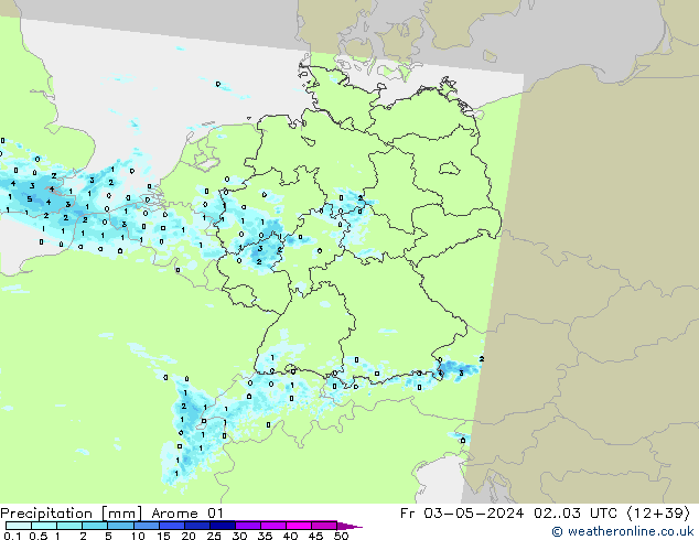 Srážky Arome 01 Pá 03.05.2024 03 UTC