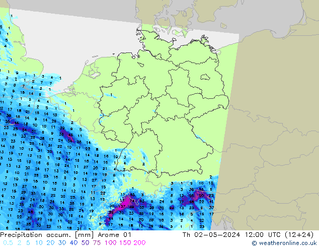 Precipitation accum. Arome 01 Th 02.05.2024 12 UTC