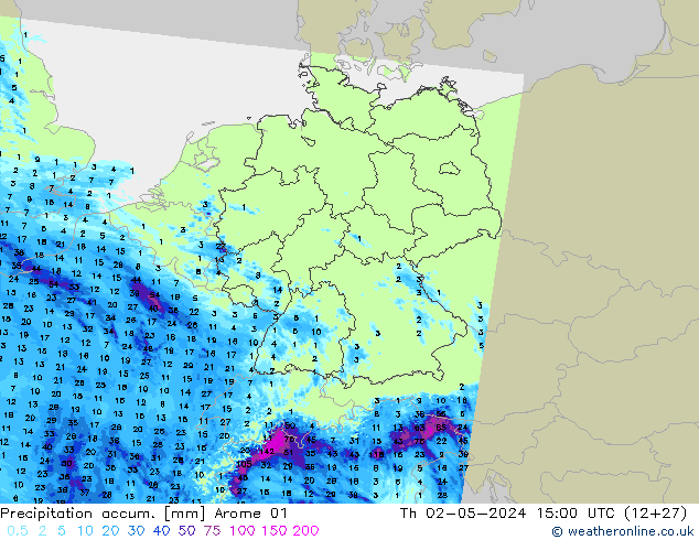 Precipitation accum. Arome 01 Th 02.05.2024 15 UTC