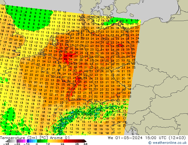 Sıcaklık Haritası (2m) Arome 01 Çar 01.05.2024 15 UTC