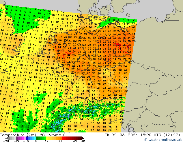 Temperature (2m) Arome 01 Th 02.05.2024 15 UTC