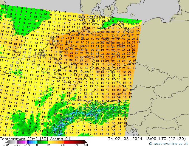 Temperatuurkaart (2m) Arome 01 do 02.05.2024 18 UTC