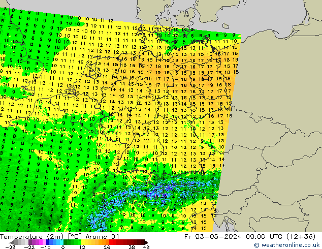 Sıcaklık Haritası (2m) Arome 01 Cu 03.05.2024 00 UTC