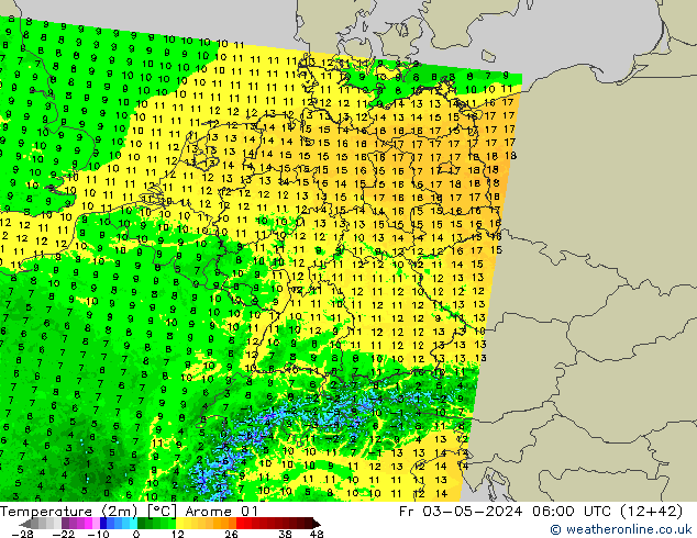 карта температуры Arome 01 пт 03.05.2024 06 UTC