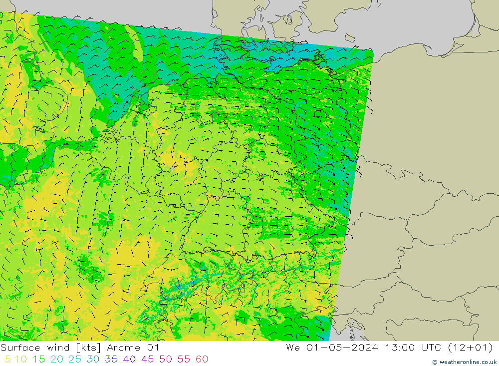 Rüzgar 10 m Arome 01 Çar 01.05.2024 13 UTC