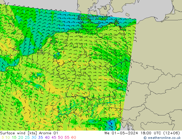 Surface wind Arome 01 We 01.05.2024 18 UTC