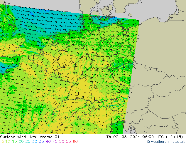 Wind 10 m Arome 01 do 02.05.2024 06 UTC