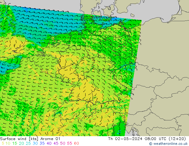 Vento 10 m Arome 01 gio 02.05.2024 08 UTC