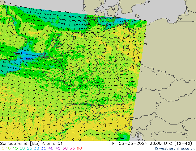 Viento 10 m Arome 01 vie 03.05.2024 06 UTC