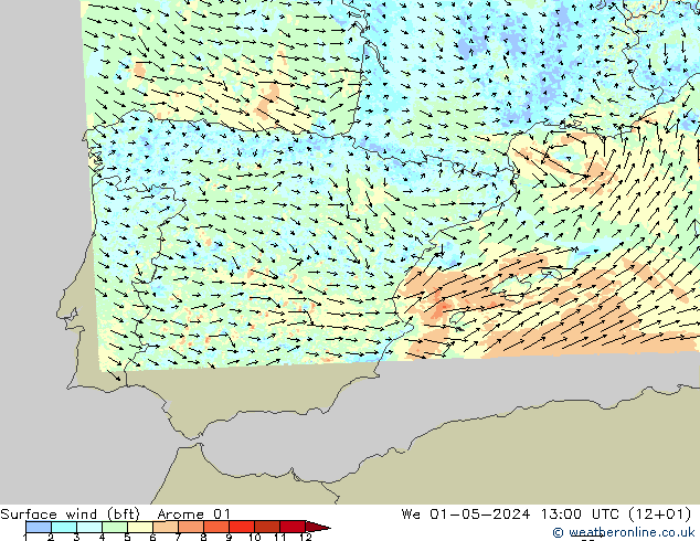 Surface wind (bft) Arome 01 We 01.05.2024 13 UTC