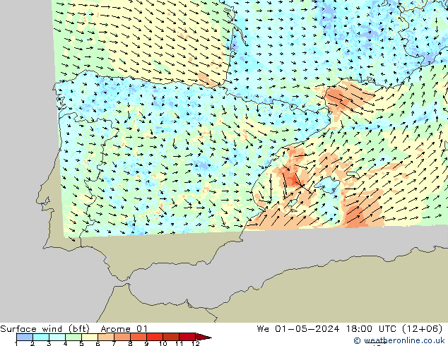 wiatr 10 m (bft) Arome 01 śro. 01.05.2024 18 UTC