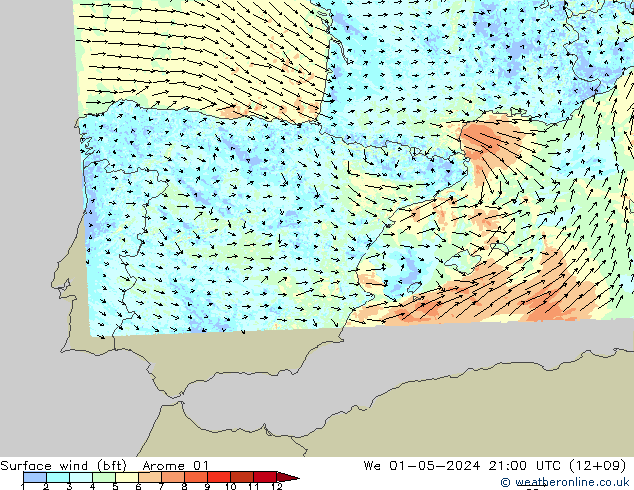 Surface wind (bft) Arome 01 We 01.05.2024 21 UTC