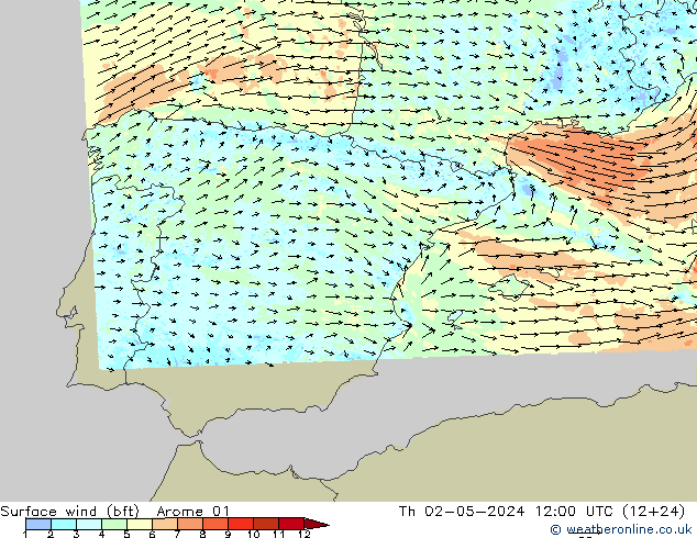 Viento 10 m (bft) Arome 01 jue 02.05.2024 12 UTC