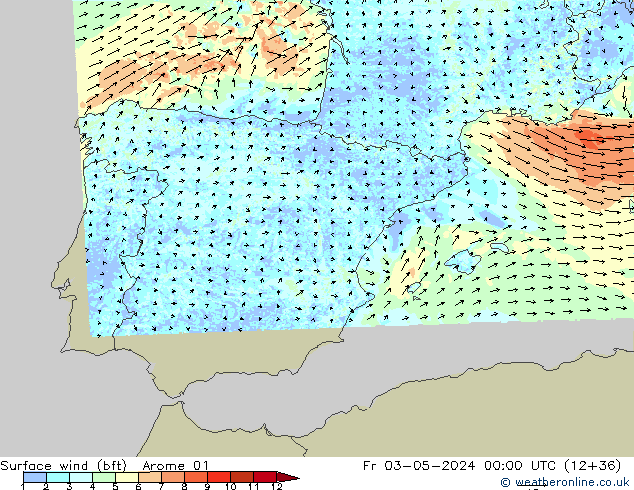 Bodenwind (bft) Arome 01 Fr 03.05.2024 00 UTC