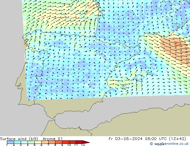 Surface wind (bft) Arome 01 Fr 03.05.2024 06 UTC