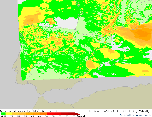 Max. wind velocity Arome 01 Th 02.05.2024 18 UTC