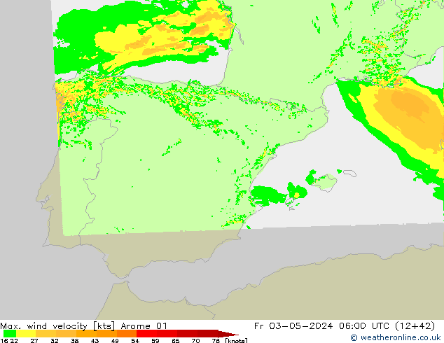 Max. wind velocity Arome 01 Fr 03.05.2024 06 UTC