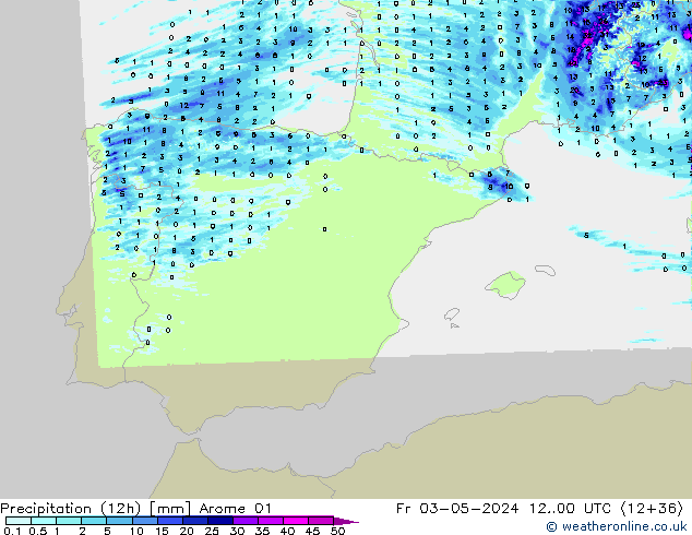 Totale neerslag (12h) Arome 01 vr 03.05.2024 00 UTC