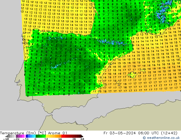 Temperatuurkaart (2m) Arome 01 vr 03.05.2024 06 UTC